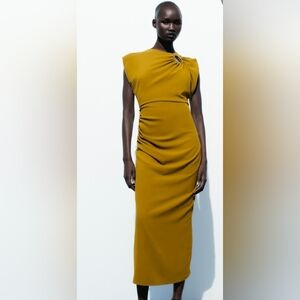 Zara Olive Green Golden Appliqué Midi Dress